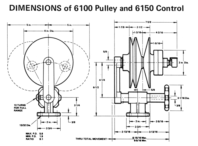 6100 pulley and 6150 control dimensional diagram